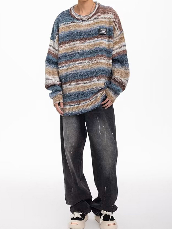 Men's Contrast Color Stripe Pullover Knit Sweater-3
