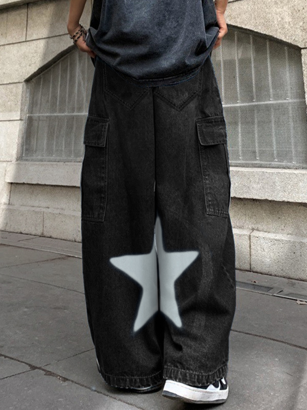 Men's Star Print Big Pocket Cargo Jeans-3