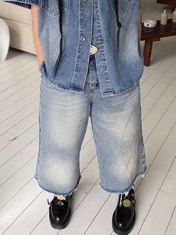 Washed Raw Edge Baggy Denim Shorts-1