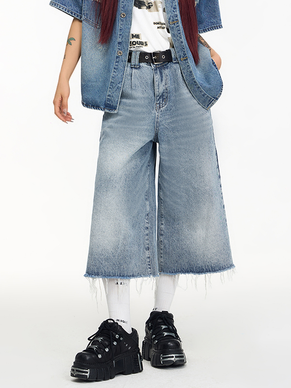 Washed Raw Edge Baggy Denim Shorts-2