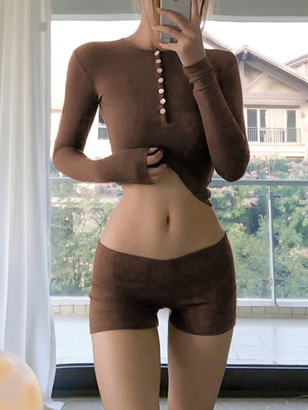 Solid Breasted Long Sleeve Tee&Low Rise Shorts Set-1