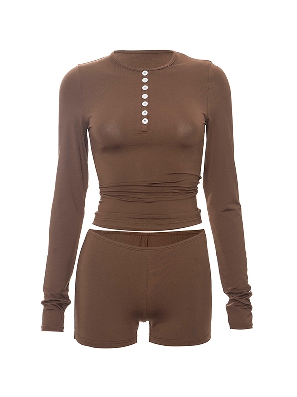 Solid Breasted Long Sleeve Tee&Low Rise Shorts Set-4
