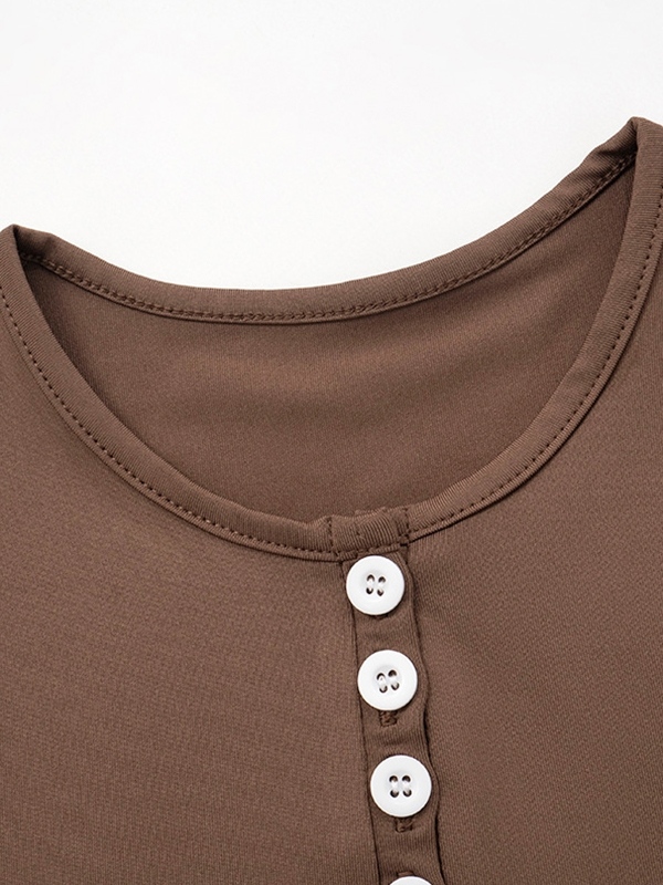Solid Breasted Long Sleeve Tee&Low Rise Shorts Set-5