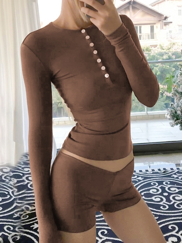Solid Breasted Long Sleeve Tee&Low Rise Shorts Set-2