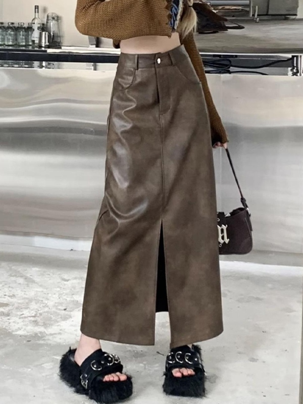 Vintage Brown High Rise Split PU Leather Midi Skirt-1