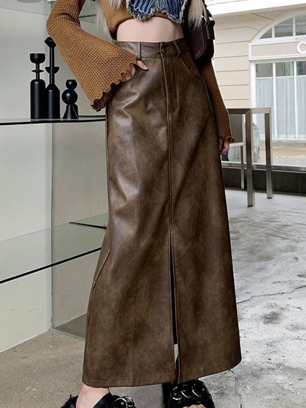 Vintage Brown High Rise Split PU Leather Midi Skirt-3