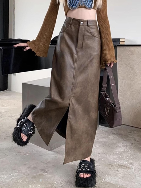 Vintage Brown High Rise Split PU Leather Midi Skirt-2