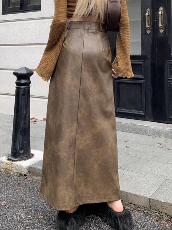 Vintage Brown High Rise Split PU Leather Midi Skirt-4