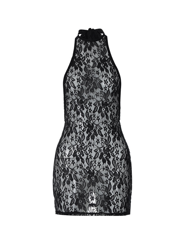 Lace Halter Backless Tie Back Mini Dress-5