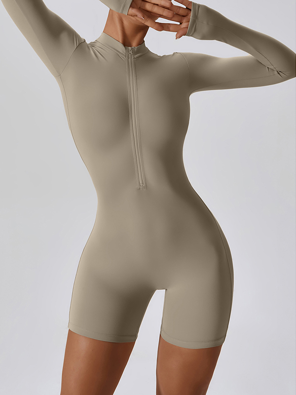 Sporty Solid Zip Up Long Sleeve Romper-3