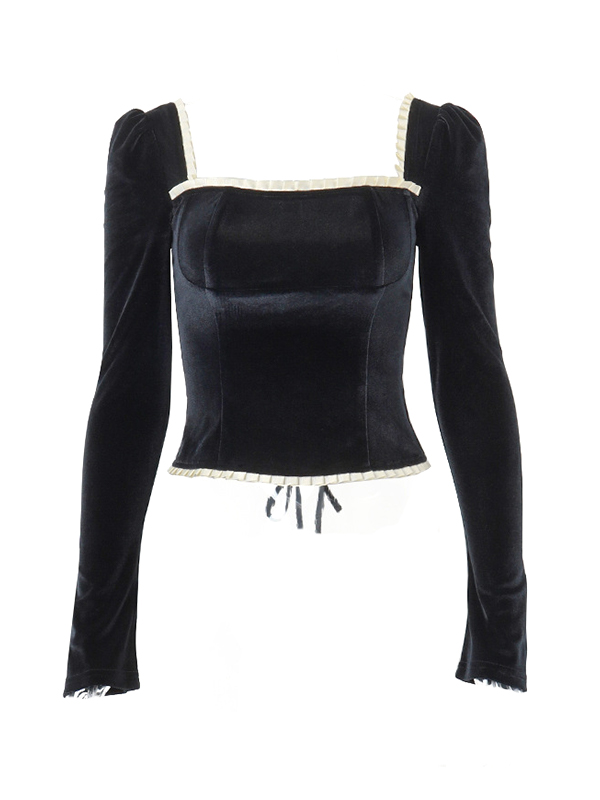 Velvet Square Neck Tie Back Long Sleeve Tee-3