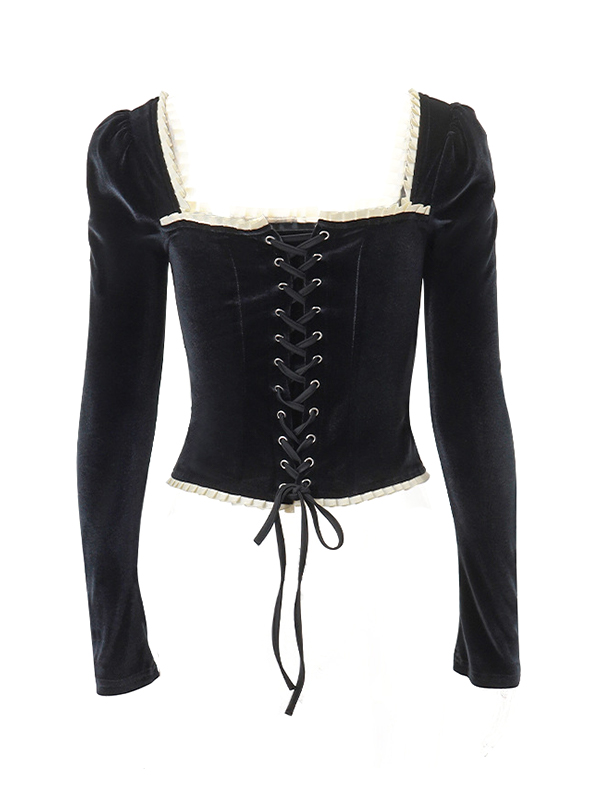 Velvet Square Neck Tie Back Long Sleeve Tee-4