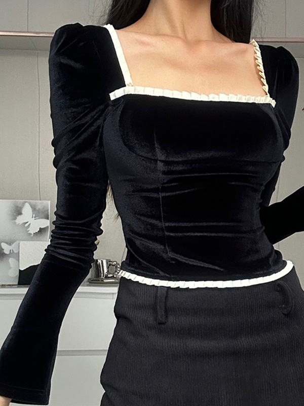 Velvet Square Neck Tie Back Long Sleeve Tee-2