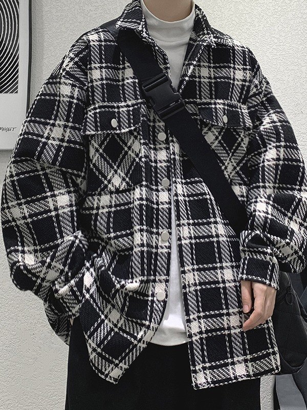Men's Tweed Checkered Long Sleeve Shirt Jacket-1