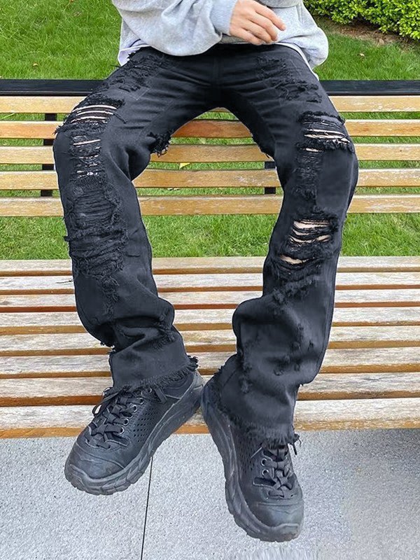 Men's Back Embroidered Distressed Straight Leg Jeans-3