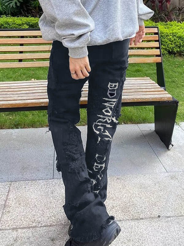 Men's Back Embroidered Distressed Straight Leg Jeans-2