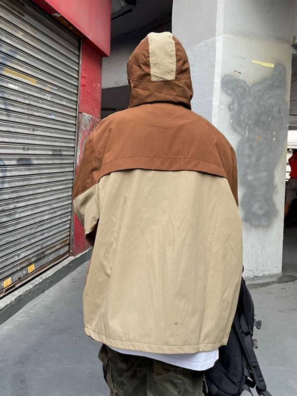 Oversize Embroidery Color Block Zip Up Hooded Jacket-2