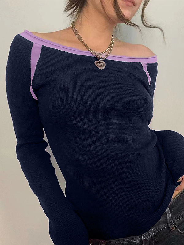 Contrast Color Off Shoulder Long Sleeve Tee-1