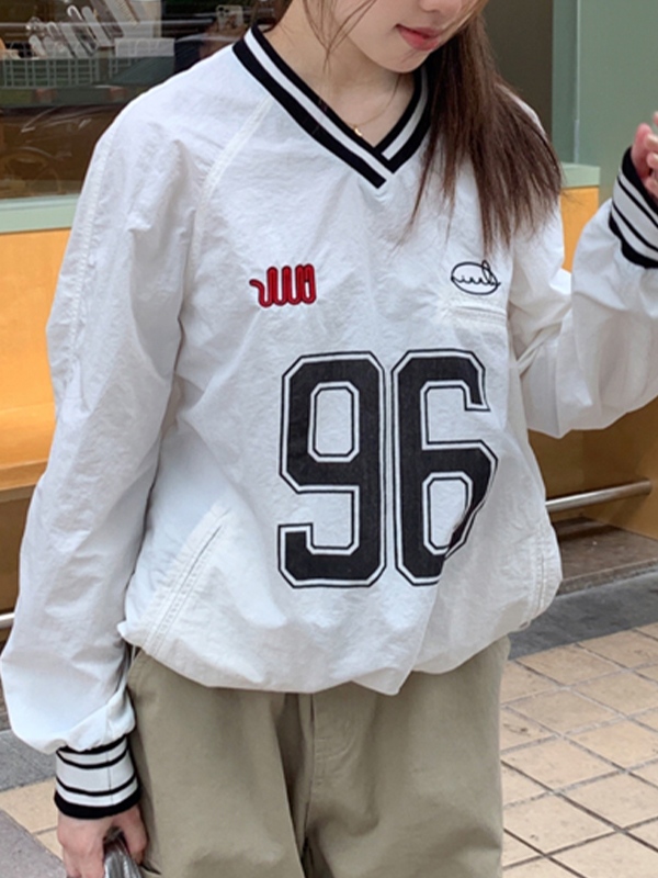Number Print V Neck Thin Sweatshirt-3