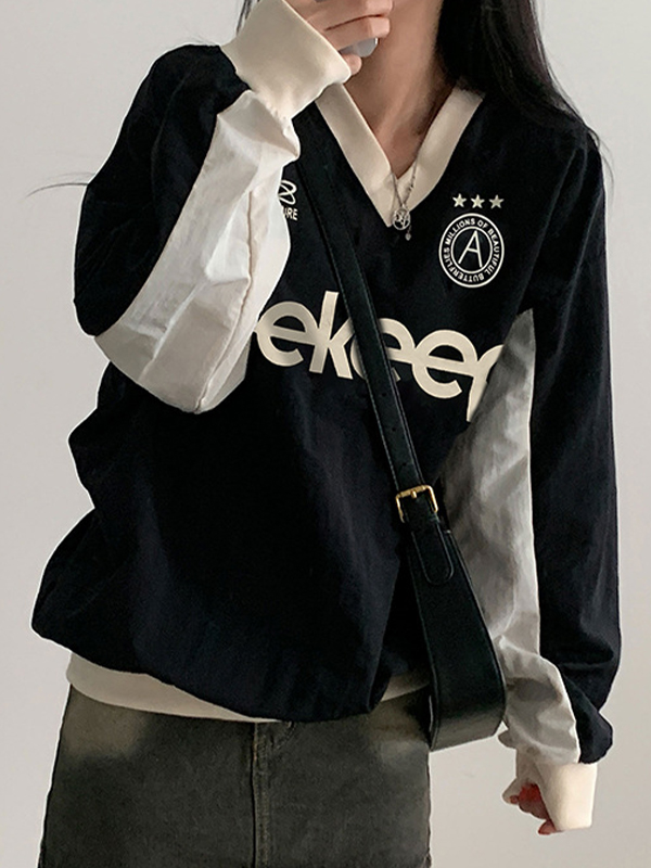 Preppy Contrast Color Letter Print V Neck Sweatshirt-1