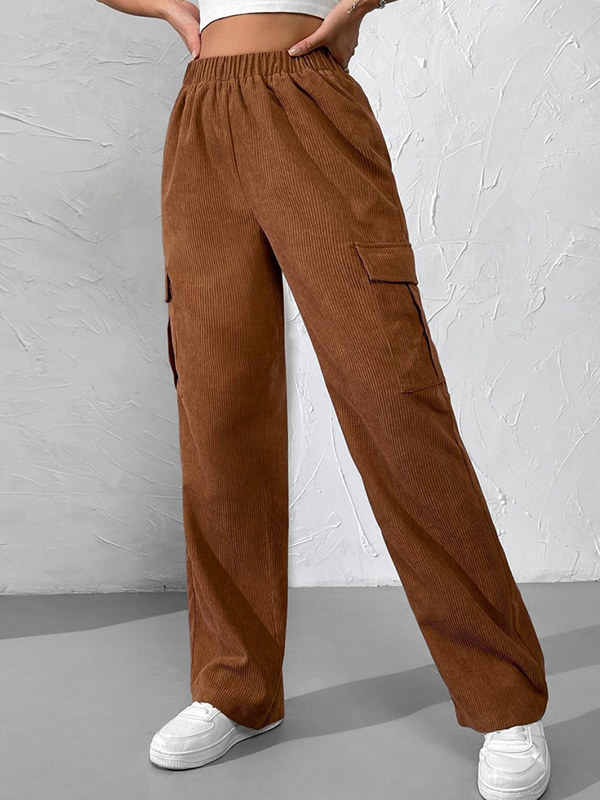 Corduroy Elastic Waist Cargo Wide Leg Pants-3