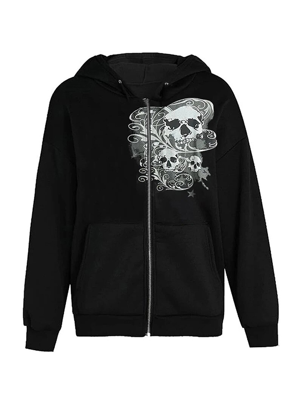 Halloween Skull Print Zip Up Drawstring Oversized Hoodie-3