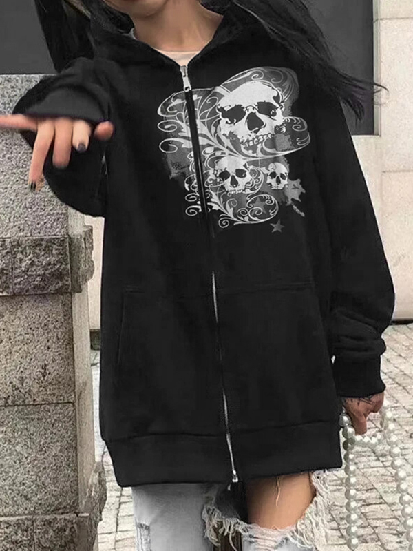Halloween Skull Print Zip Up Drawstring Oversized Hoodie-2