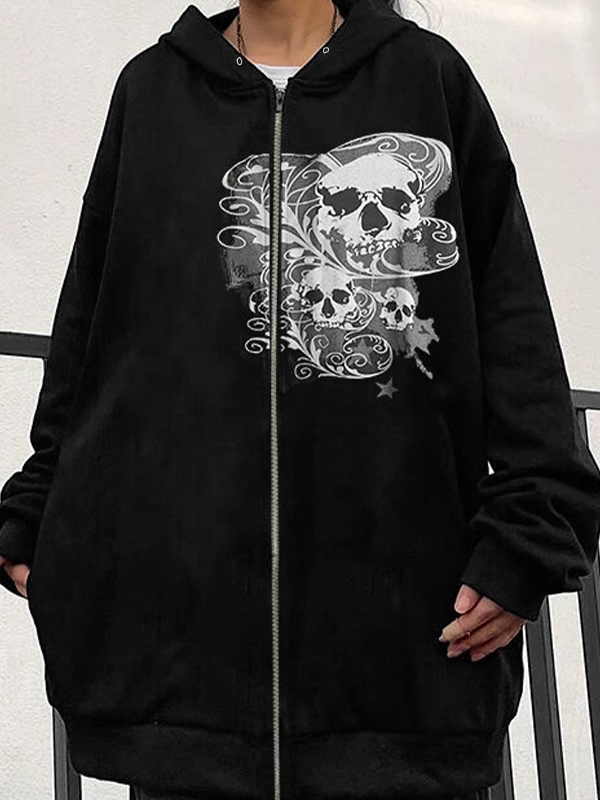 Halloween Skull Print Zip Up Drawstring Oversized Hoodie-1