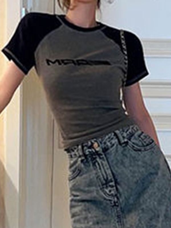 Raglan Contrast Color Slim Short Sleeve Tee-2