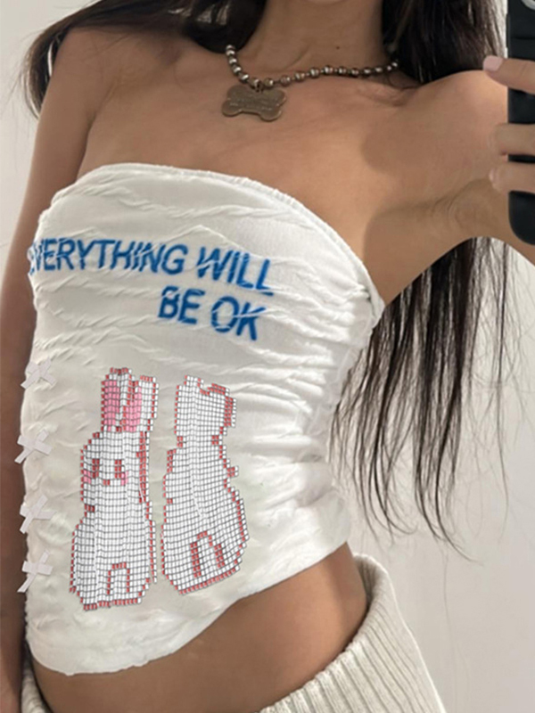 Textured Letter Cartoon Print Bandeau Top-1