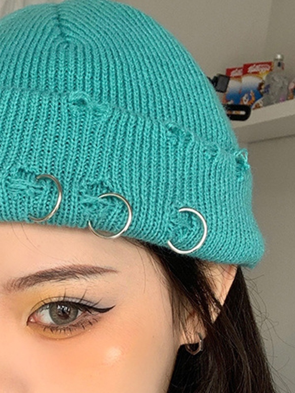 Safety Pin Distressed Knitted Beanie Hat-1
