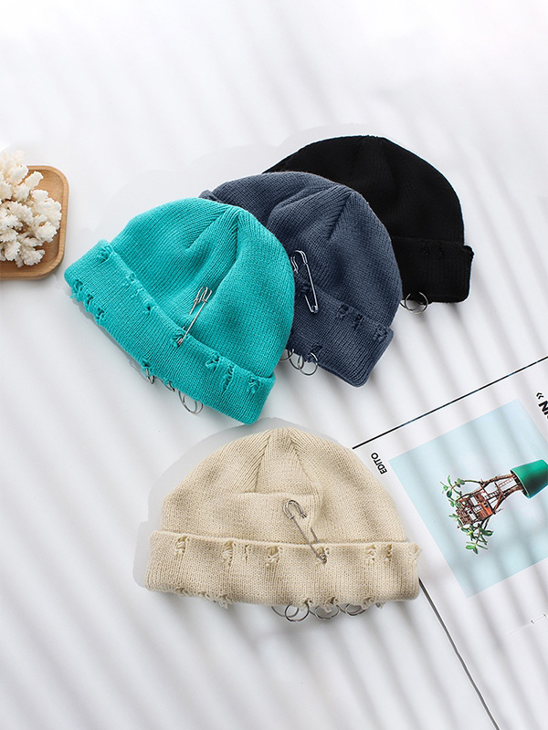 Safety Pin Distressed Knitted Beanie Hat-2