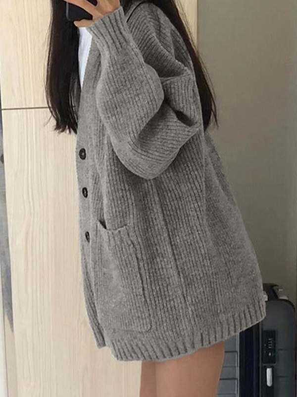 Preppy Solid Color V Neck Baggy Cardigan-4