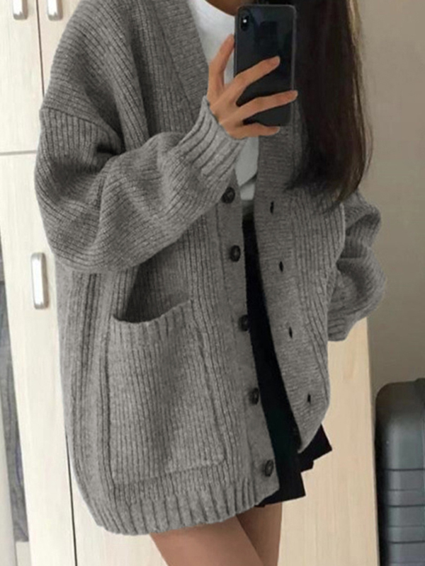 Preppy Solid Color V Neck Baggy Cardigan-3