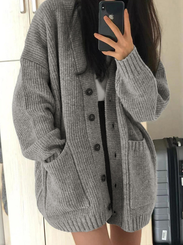 Preppy Solid Color V Neck Baggy Cardigan-1