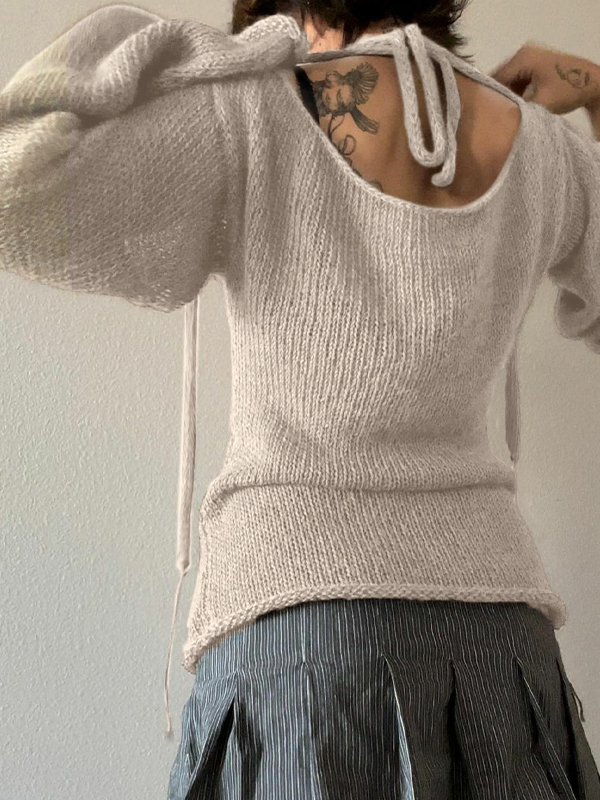 Solid Color Backless Lace Up Long Sleeve Knit-1