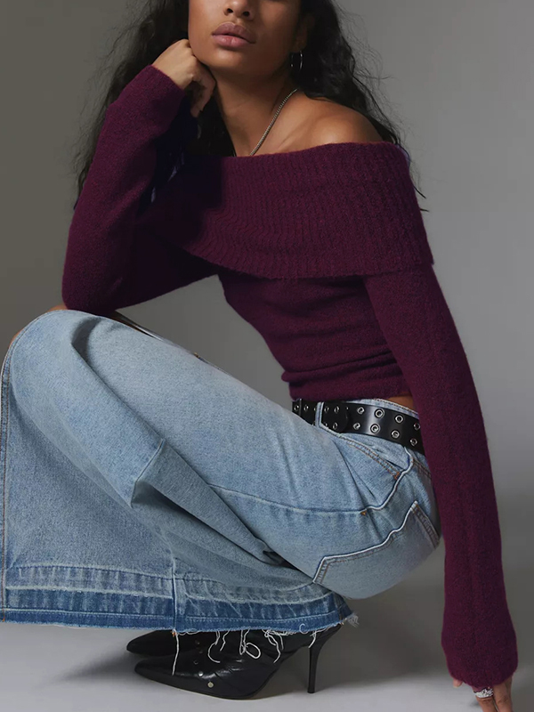 Solid Off Shoulder Sweater-1