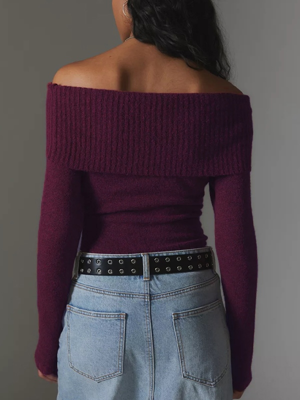 Solid Off Shoulder Sweater-3