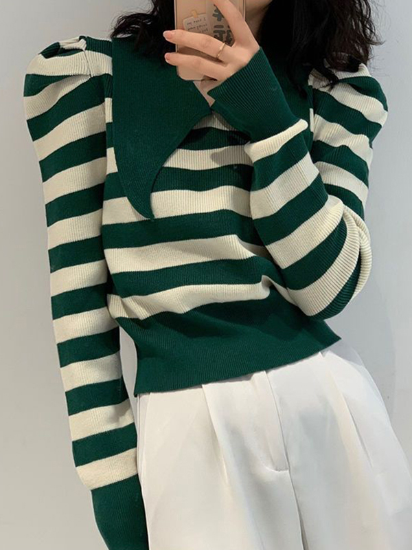 Striped Puff Sleeve Knit Sweater-2