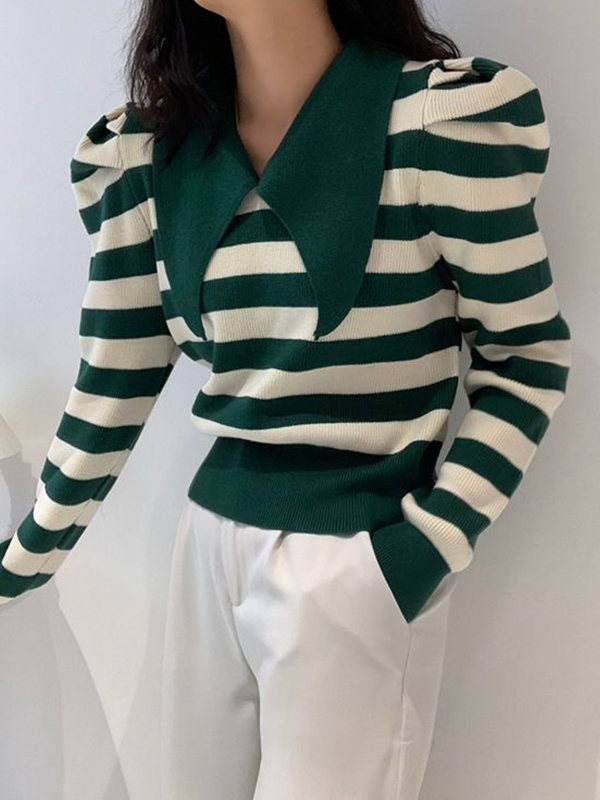 Striped Puff Sleeve Knit Sweater-4