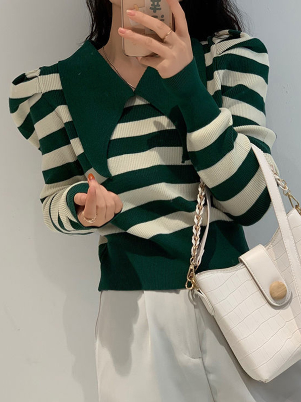 Striped Puff Sleeve Knit Sweater-1