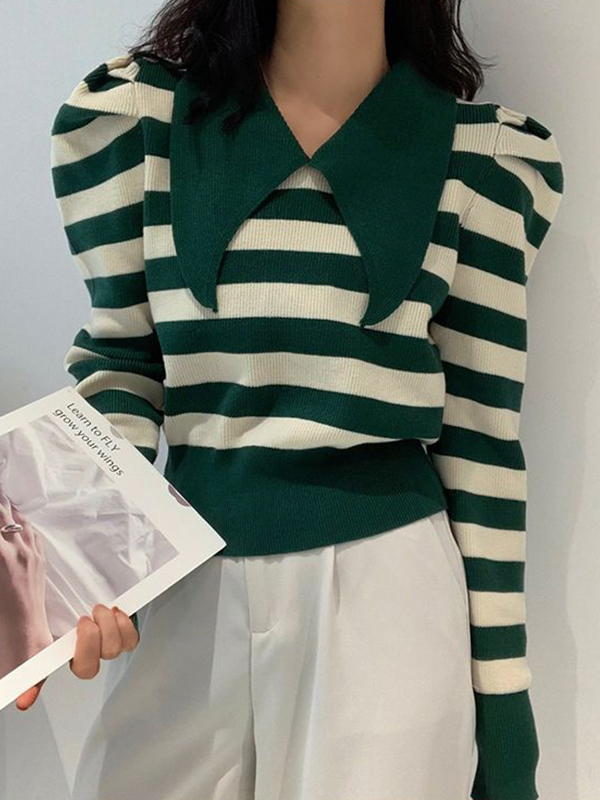 Striped Puff Sleeve Knit Sweater-3