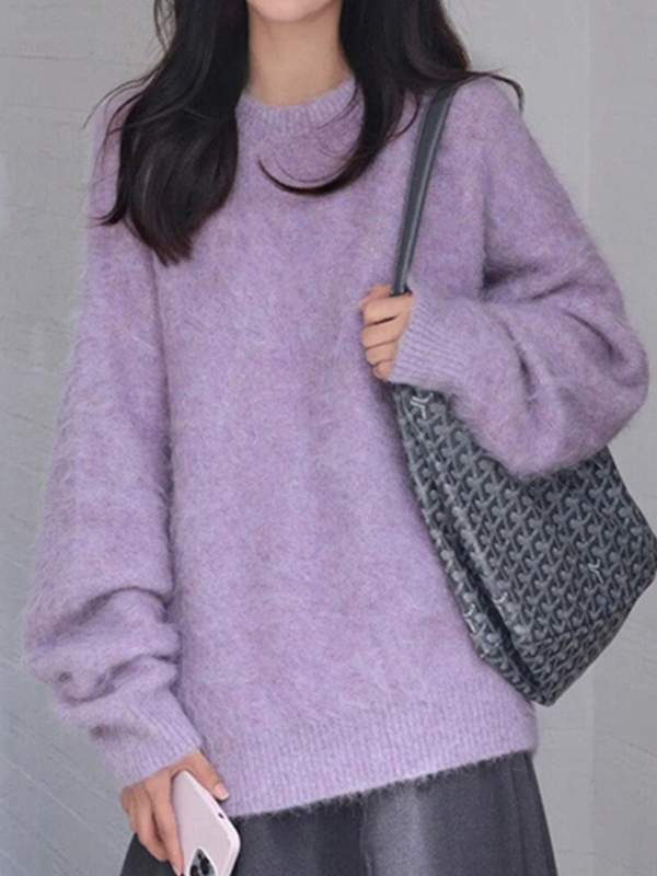 Fuzzy Solid Pullover Sweater-1