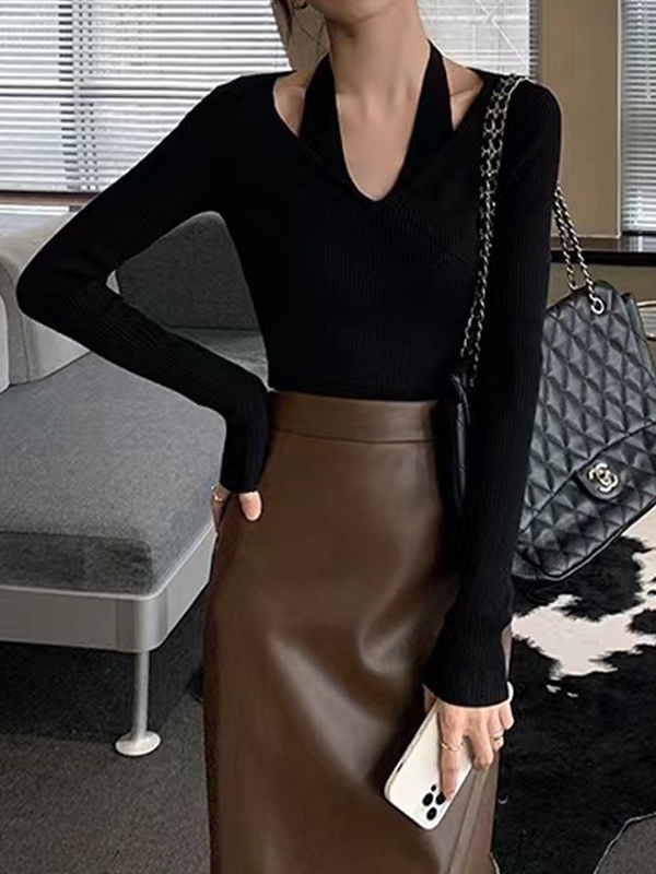 Solid V Neck Halter Long Sleeve Knit-1