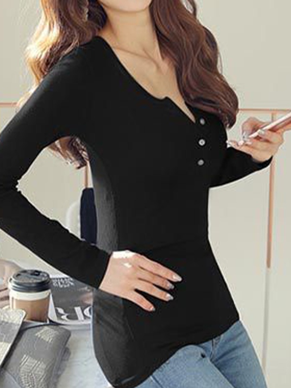 Solid Ribbed Breasted Long Sleeve Tee-1