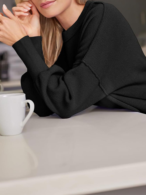 Solid Crew Neck Cape Sleeve Slit Sweater-2