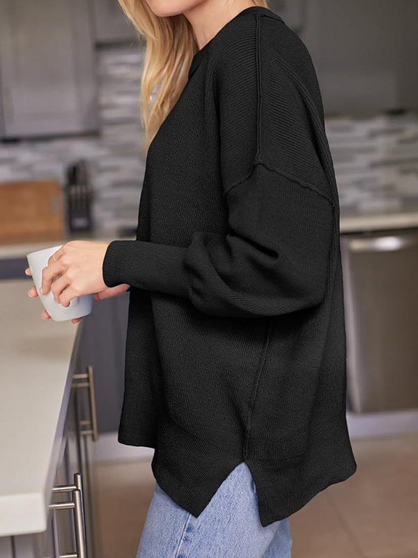 Solid Crew Neck Cape Sleeve Slit Sweater-1