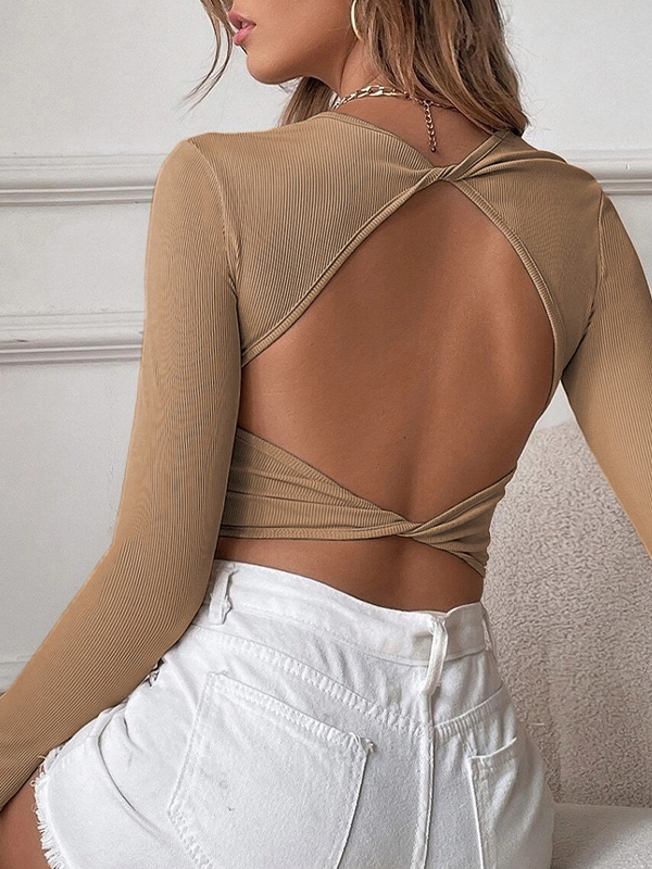 Solid Cutout Backless Twist Back Long Sleeve Knit-1