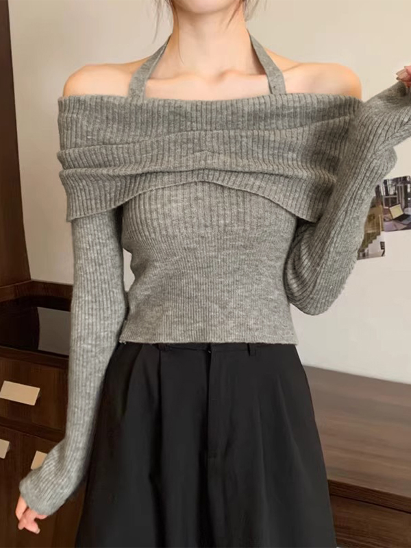 Solid Halter Ruched Cold Shoulder Sweater-2
