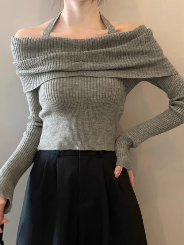 Solid Halter Ruched Cold Shoulder Sweater-3